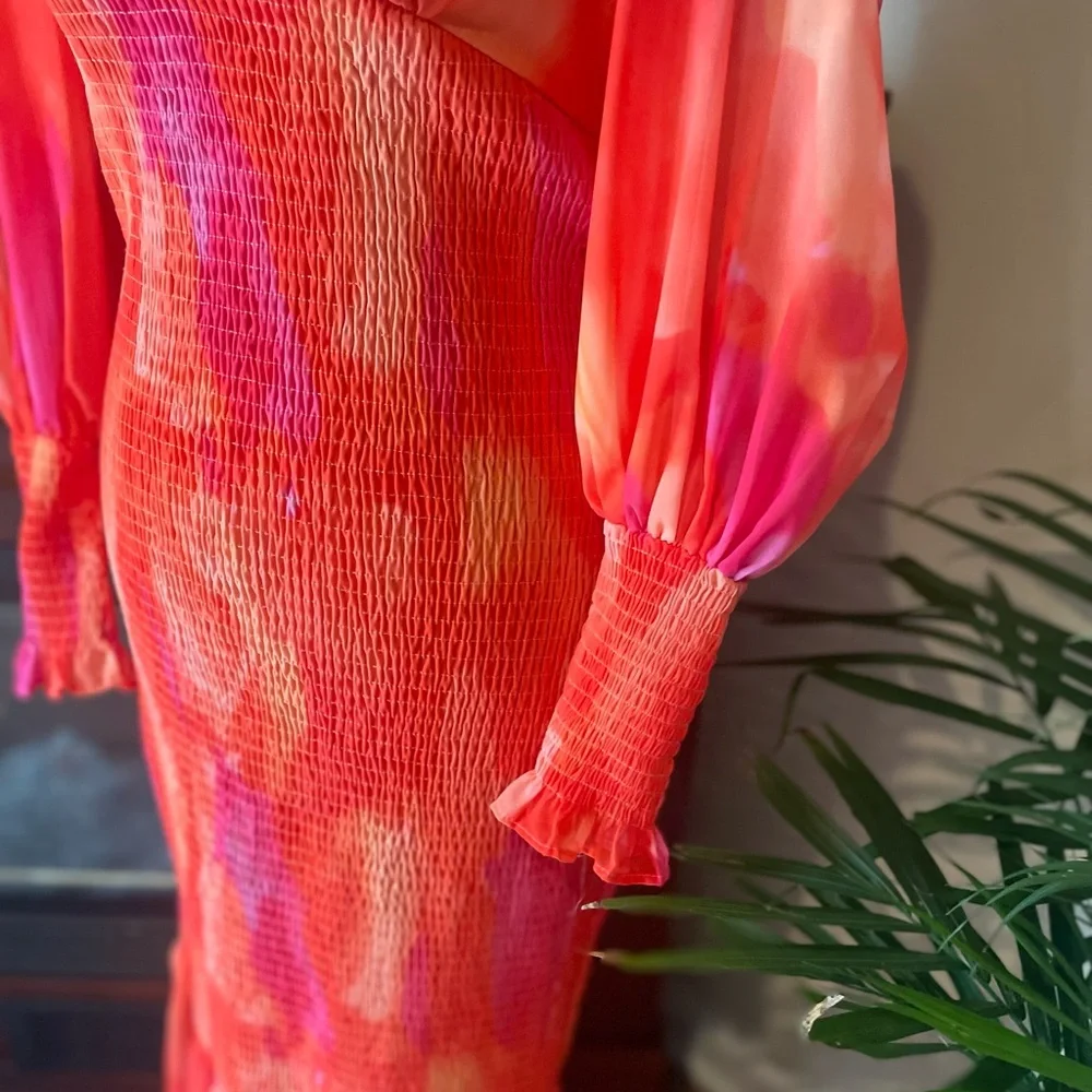 ~ All About May ~ Sunset Watercolor Smocked Chiffon Dress ~ US 6 - Picture 3 of 7